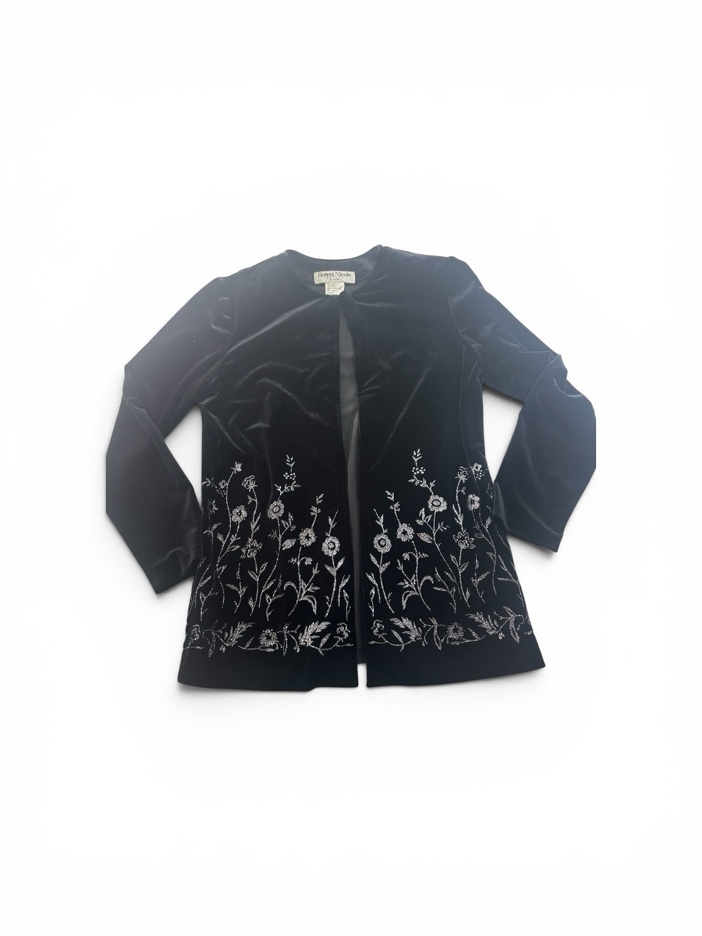 Ronni Nicole Velour Jacket VTG Silver Glitter Floral Design Black Size 8P Top